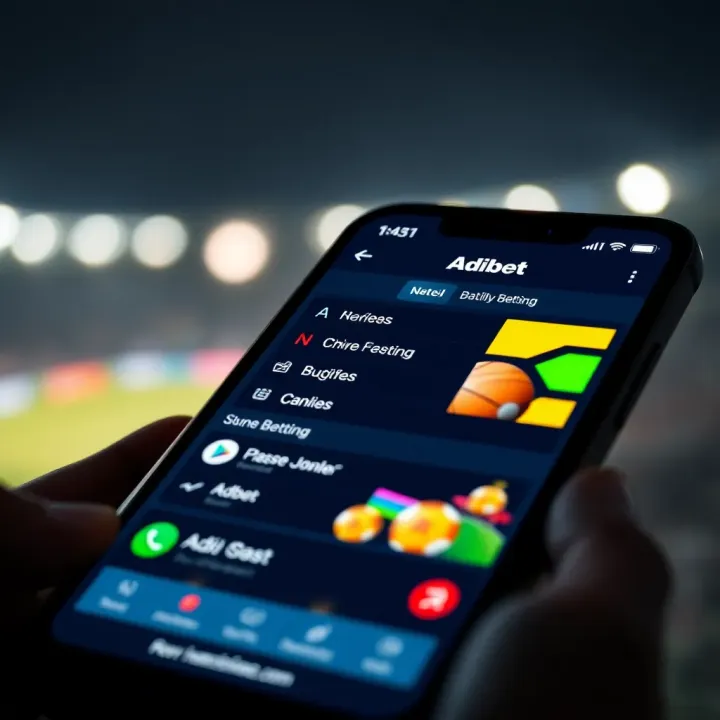 Adibet app interface showcasing main navigation and betting options on a mobile device