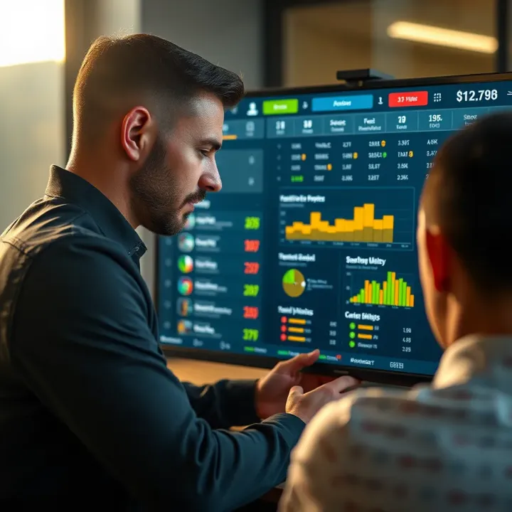 Analyzing football team performance and key match statistics on a digital screen