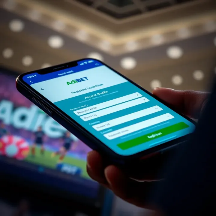Smartphone screen showcasing the AdiBet app registration form with fields for personal details