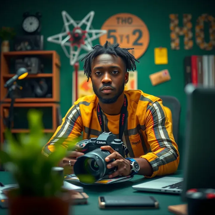 Creative workspace with camera and digital tools symbolizing content creation and business ventures