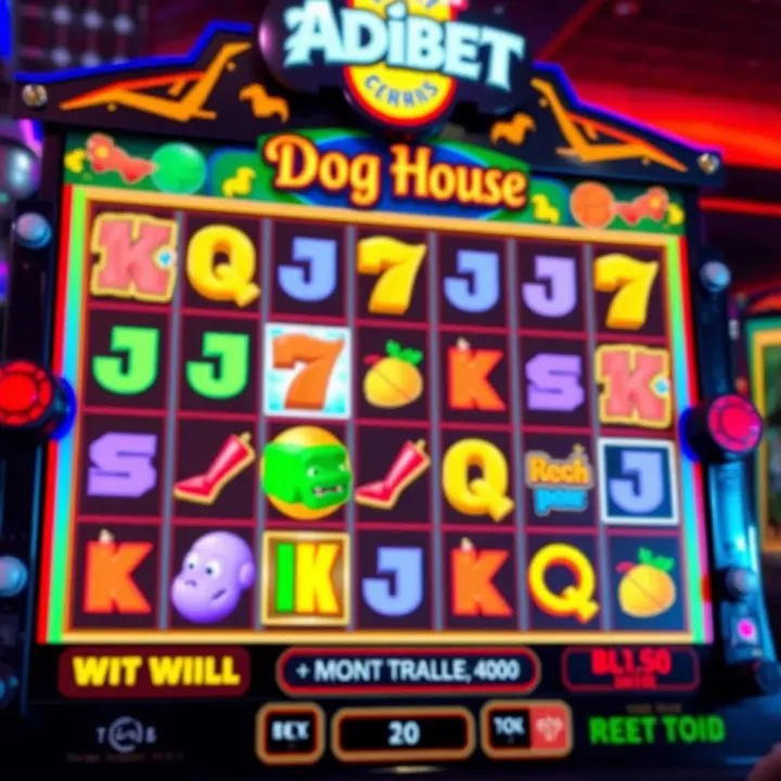 Colorful slot machine screen showing Dog House Megaways symbols and paylines