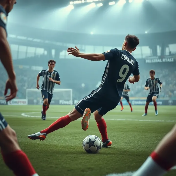 Close-up of a football match in progress featuring key players competing intensely
