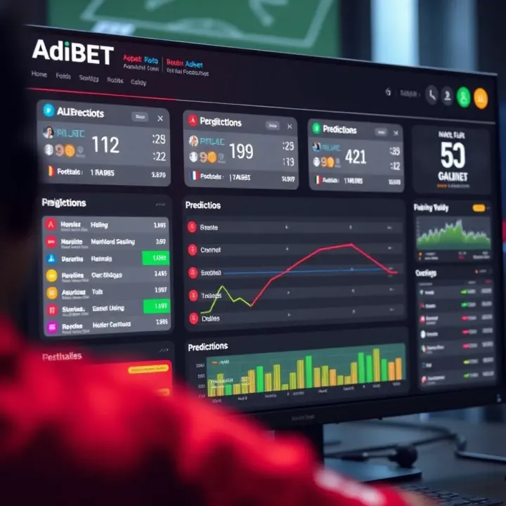 AdiBet Football Prediction Dashboard A digital interface displaying football match predictions with statistical charts and betting odds