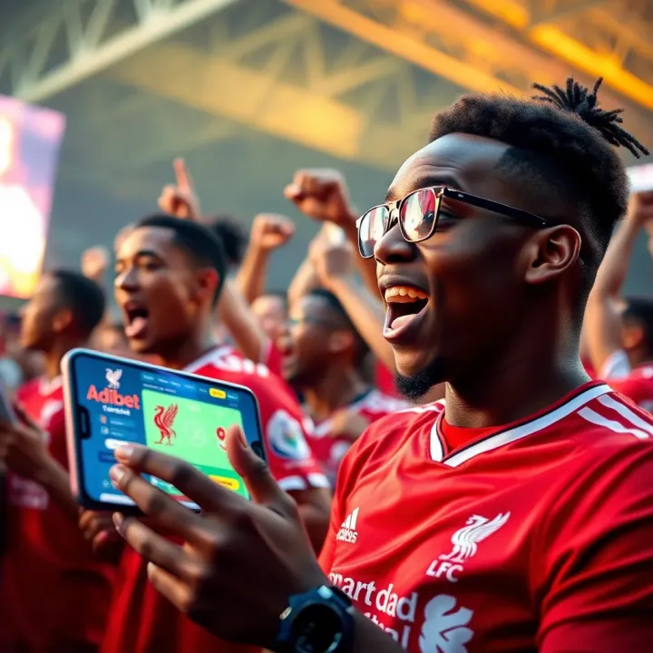 Vibrant illustration of Liverpool Football Club fans celebrating with digital betting interface on mobile devices