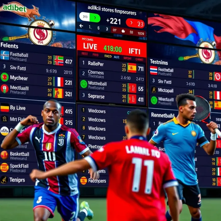 Various sports icons representing football, basketball, and tennis with dynamic live score updates