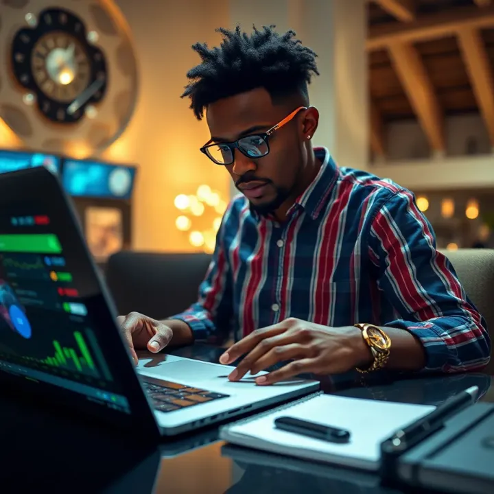Nigerian bettor reviewing sports statistics and prediction data on a laptop