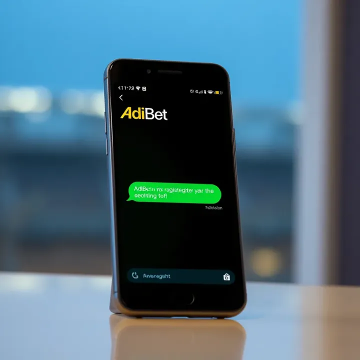 Mobile phone displaying a text message interface for AdiBet registration