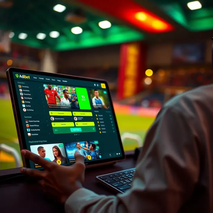 Overview of Adibet Sport Platform Features in Nigeria User navigating the Adibet Sport platform on a digital device displaying various betting options and sports events