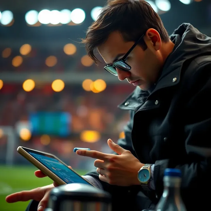 Analyzing Match Odds and Outcomes for Betting Strategy Illustration of a football bettor analyzing match odds and potential outcomes on a digital device