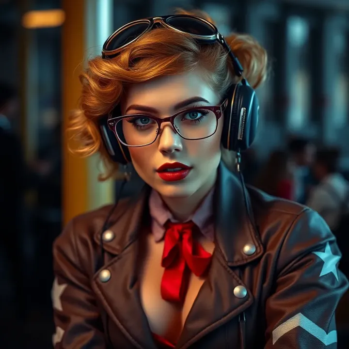 Modern interpretation of aviator pin-up fashion showcasing retro hairstyle and aviation-inspired accessories