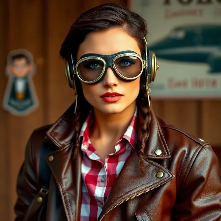 Vintage aviator style with classic pilot goggles and leather flight jacket against a retro backdrop