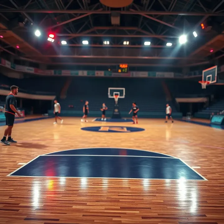 Basketball court with strategic markings highlighting team dynamics and player positions