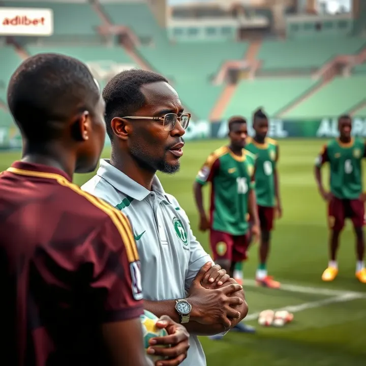 Coach directing Nigerian football players in a tactical session on the field