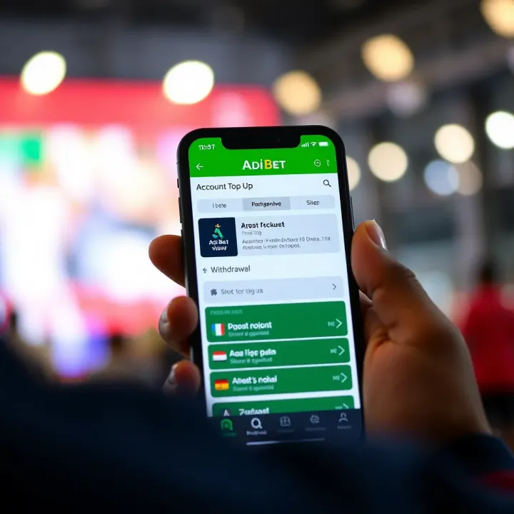 Mobile phone displaying AdiBet app with options for account top-up and withdrawal methods