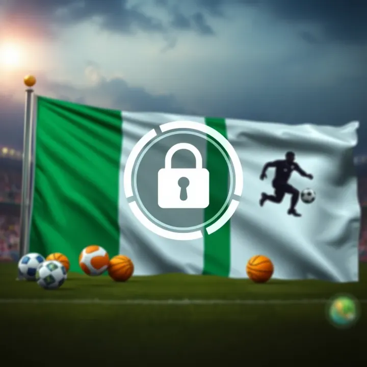 Graphic displaying a secure connection symbol alongside Nigerian flag and sports icons