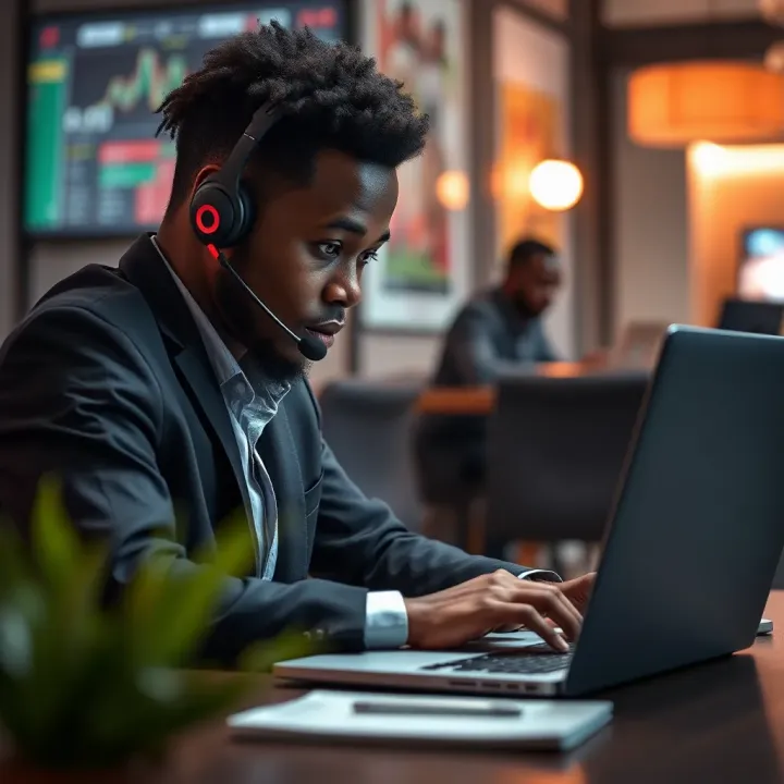 Customer support representative assisting a user with account concerns using a laptop and headset