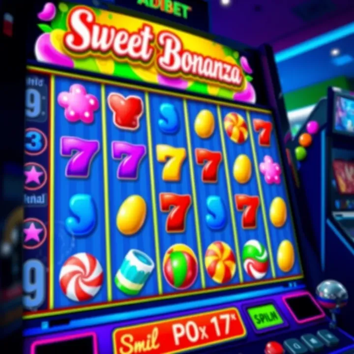 Colorful Sweet Bonanza slot game interface on Adibet platform with vibrant candy symbols