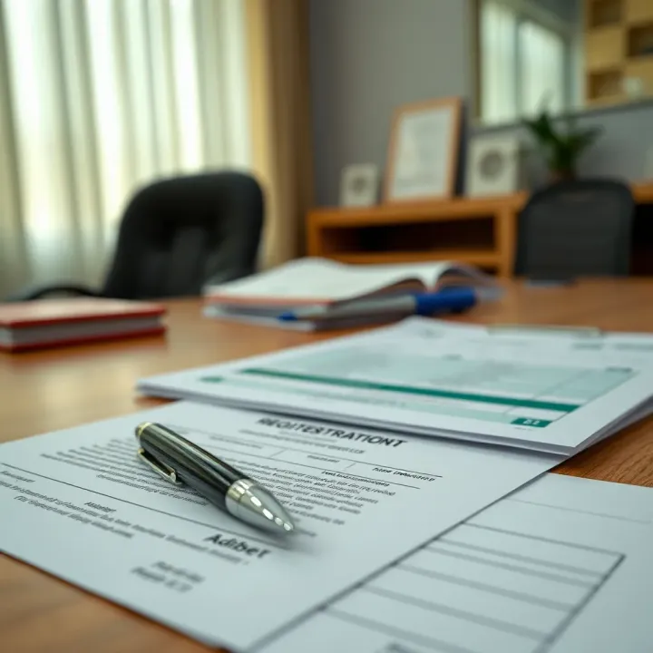 Essential Documentation for Adibet Shop Registration Close-up of official registration documents and a pen on a wooden desk