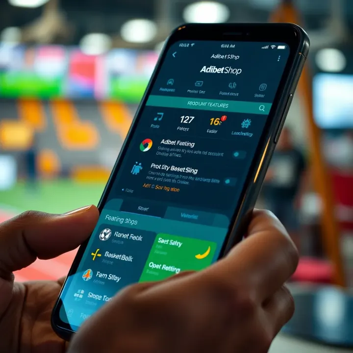 Smartphone showing key features of the Adibet Shop app including betting options and safety notifications