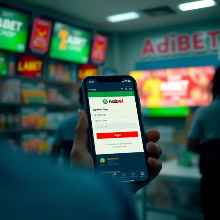 Mobile device displaying the Adibet Shop app registration screen with user-friendly interface