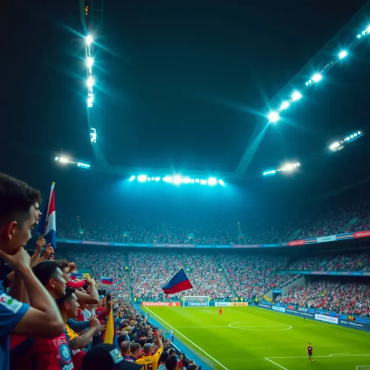 Football stadium filled with fans during an intense qualifier match under bright floodlights