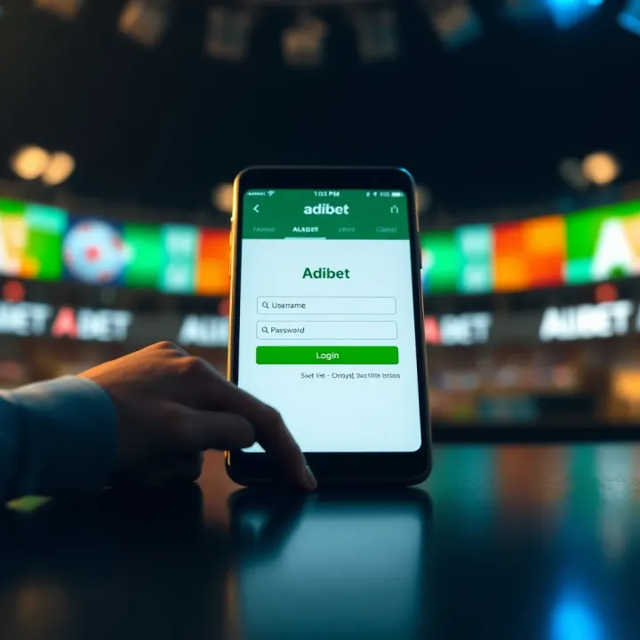 Mobile phone screen displaying Adibet login interface with username and password fields