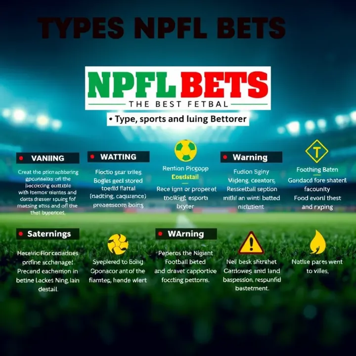 Types of NPFL Bets, Betting Tips, and Risk Awareness in Nigeria Graphic depicting various types of football bets on Nigerian league matches with tips and warnings for responsible betting