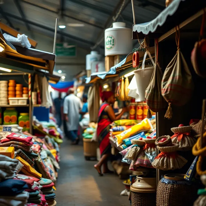Traditional market stalls showcasing a variety of goods in a bustling Nigerian trading hub