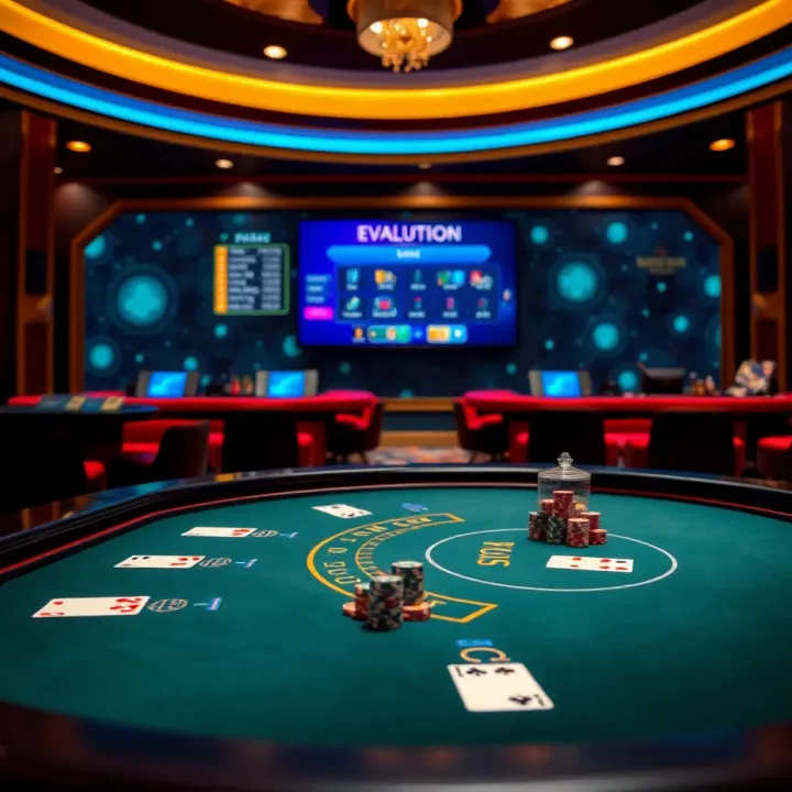 Live blackjack table with a digital interface showing cards and chips under soft lighting