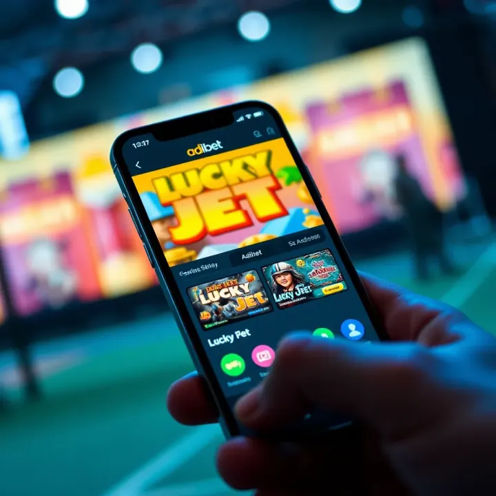 Smartphone displaying the main interface of Adibet app with colorful Lucky Jet game graphics