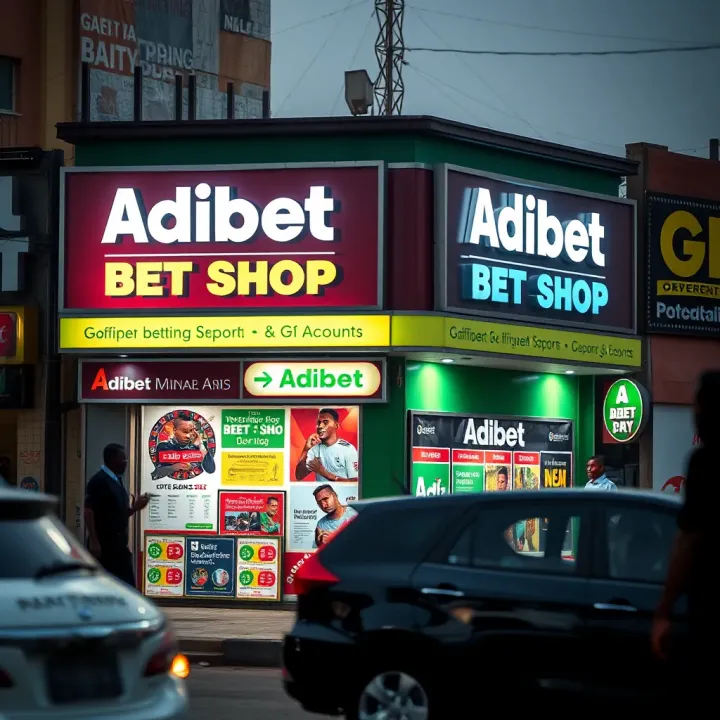 Exterior view of a vibrant Adibet bet shop with signage showcasing sports betting services in an urban Nigerian setting