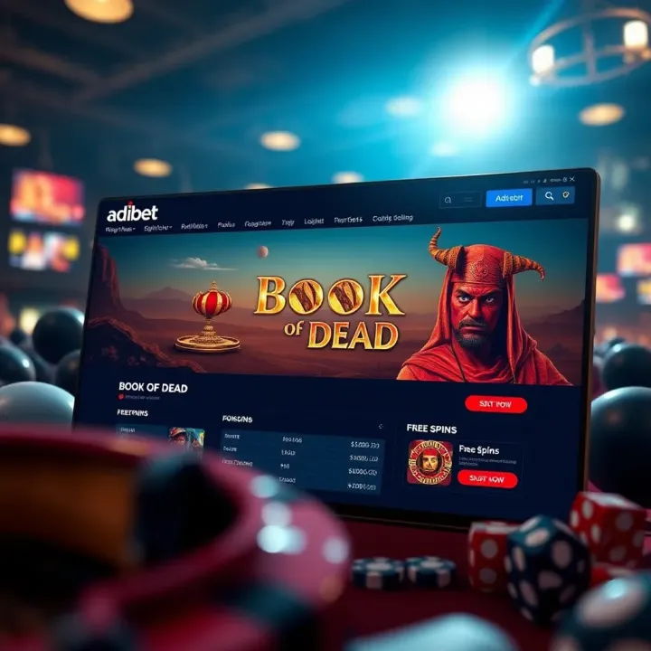 Overview of Adibet's Book of Dead Free Spins Offer Screenshot of Adibet platform showing Book of Dead free spins offer and related bonus details