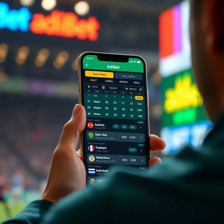 Smartphone showing AdiBet betting interface with odds and match details